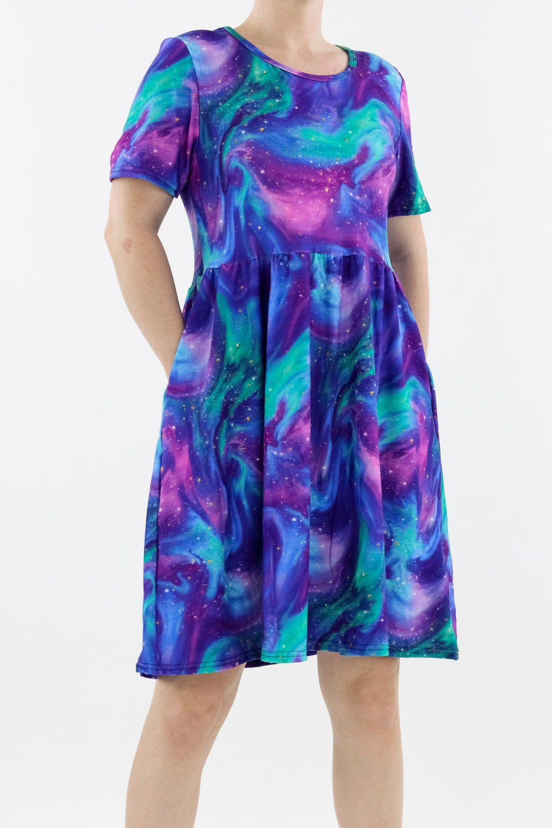 Aurora Sky - Short Sleeve Skater Dress - Knee Length - Side Pockets Knee Length Skater Dress Pawlie