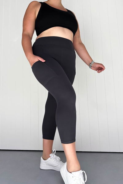 Plain Charcoal - Casual - Capri Leggings - Pockets