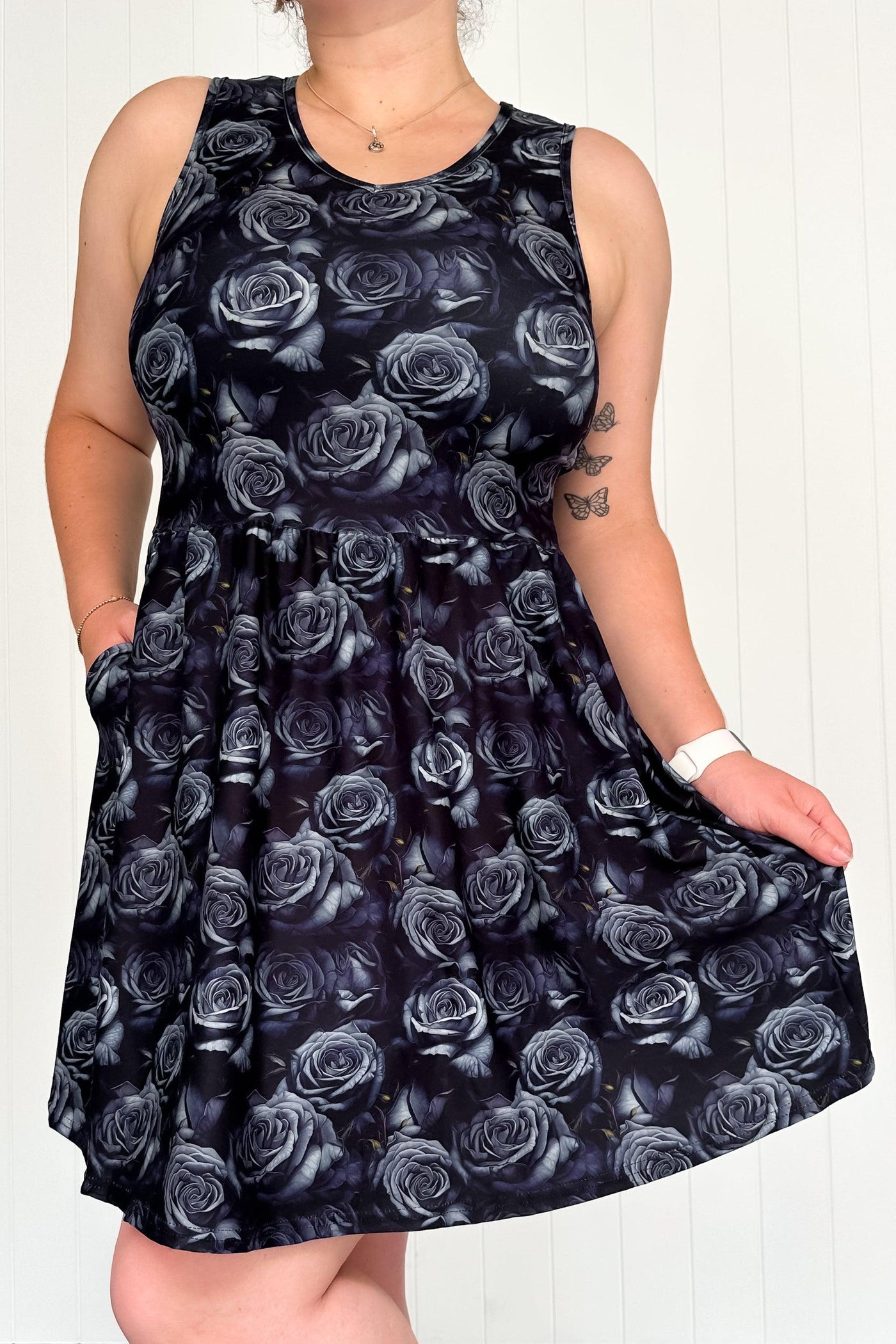 Dark Rose - Sleeveless Mini Dress - Pockets