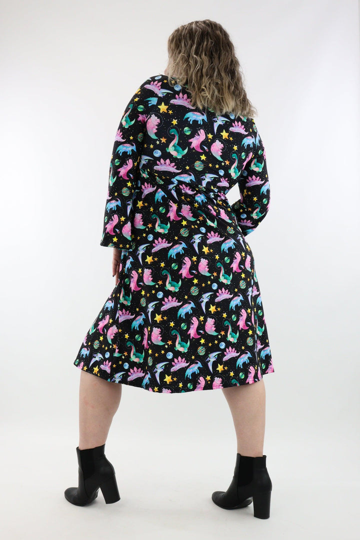 Space Dinosaurs - Midi Length Dress - Bell Sleeve - Pockets - Pawlie