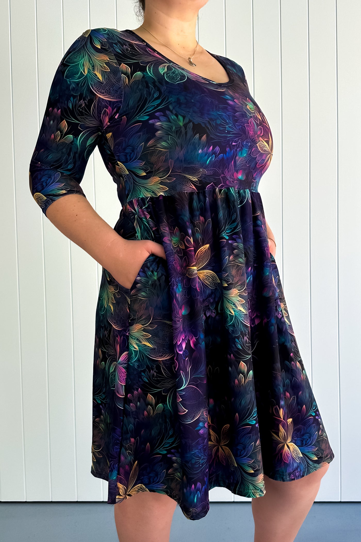 Spectral Garden - 3/4 Sleeve Skater Dress - Knee Length - Pockets