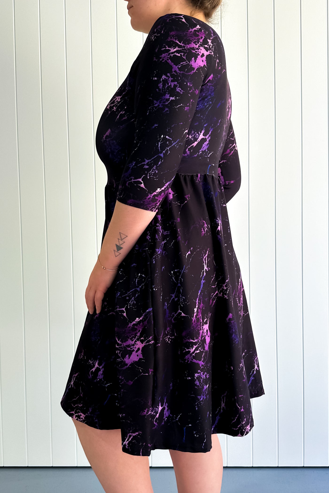 Purple Marble - 3/4 Sleeve Skater Dress - Knee Length - Pockets