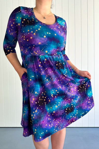 Universe Shimmer - 3/4 Sleeve Skater Dress - Knee Length - Pockets