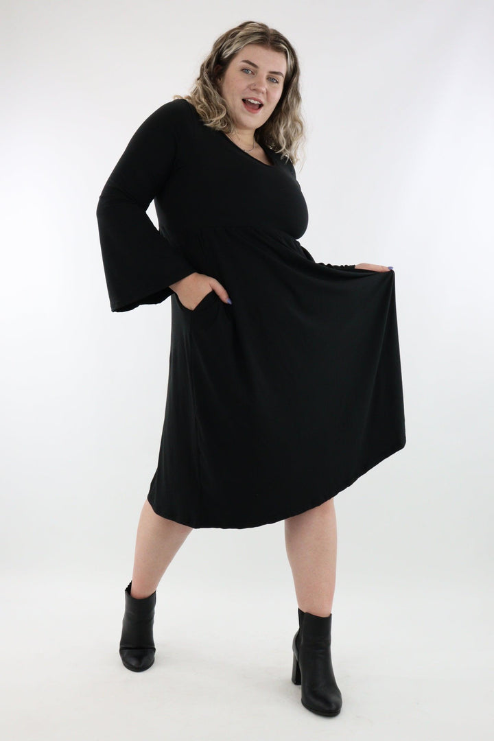 Black - Midi Length Dress - Bell Sleeve - Pockets - Pawlie