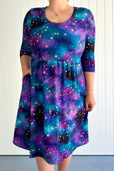 Universe Shimmer - 3/4 Sleeve Skater Dress - Knee Length - Pockets