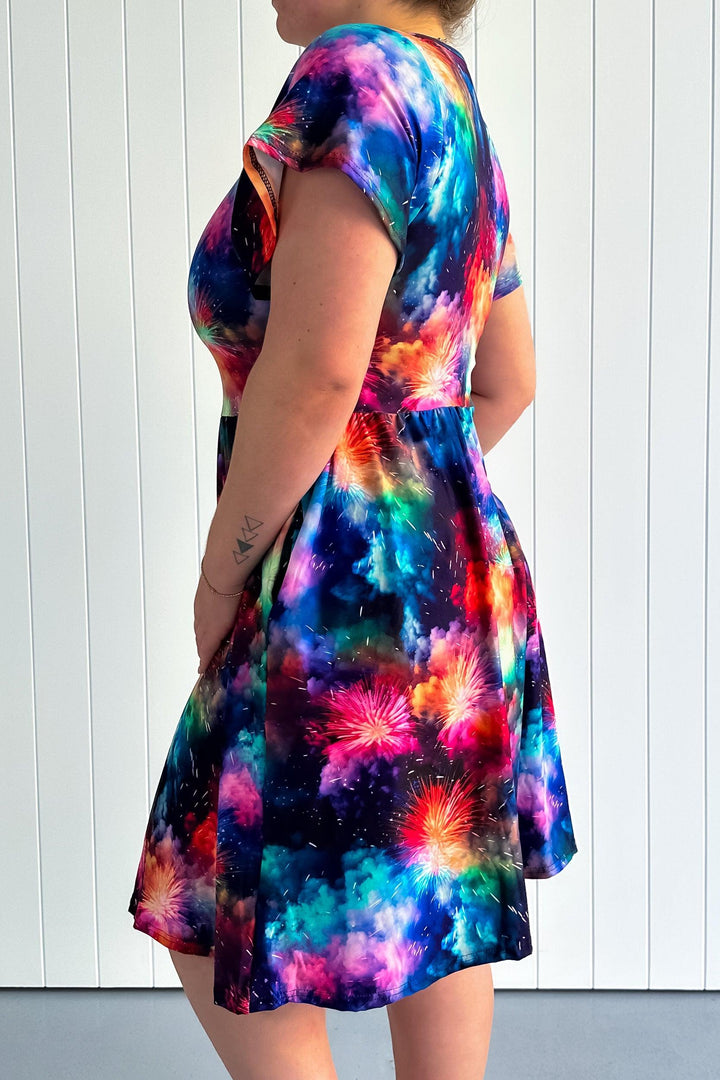 Colourful Fireworks - Flutter Sleeve Skater Dress - Knee Length - Pockets