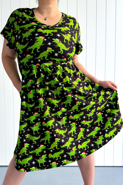 Christmas Dinosaur - Flutter Sleeve Skater Dress - Knee Length - Pockets