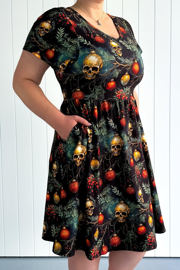 Skelly Christmas - Flutter Sleeve Skater Dress - Knee Length - Pockets