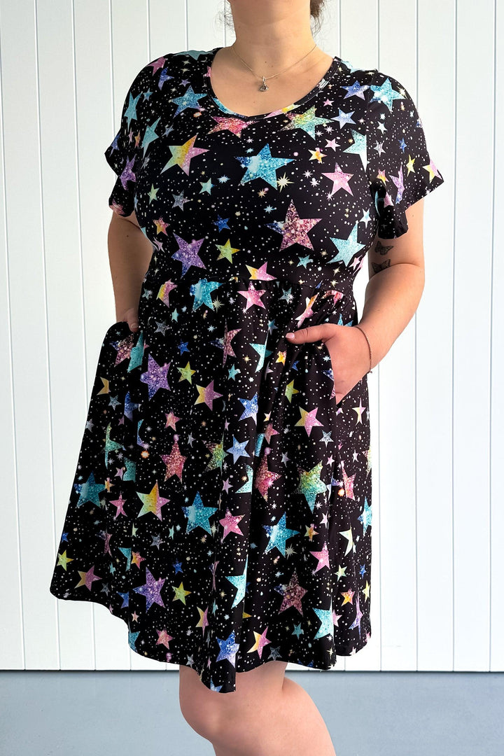 Sparkle Stars - Mini Dress - Flutter Sleeve - Pockets