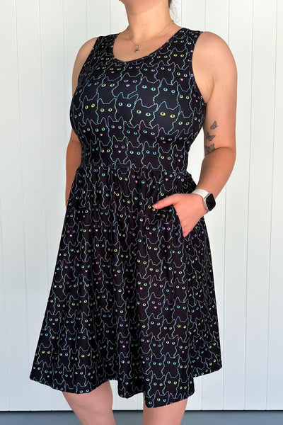 Lucky Cats - Sleeveless Knee Length Dress - Side Pockets