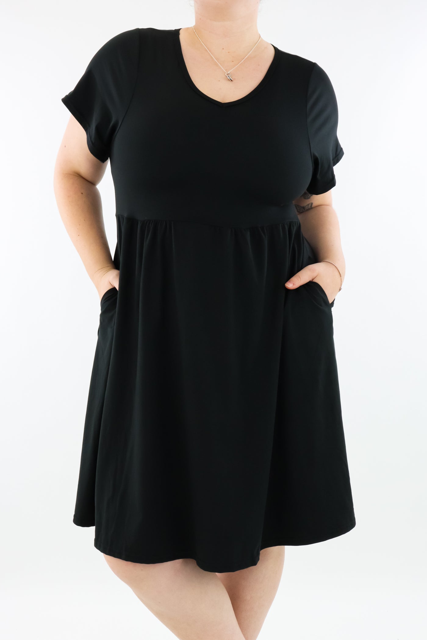 Black Flutter Sleeve Skater Dress Knee Length Pockets Pawlie