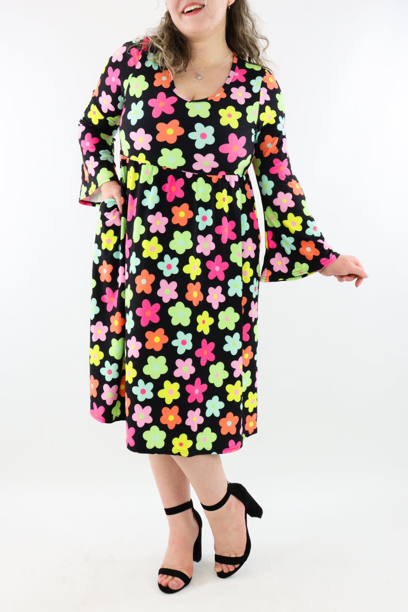 Colourpop Flowers - Midi Length Dress - Bell Sleeve - Pockets