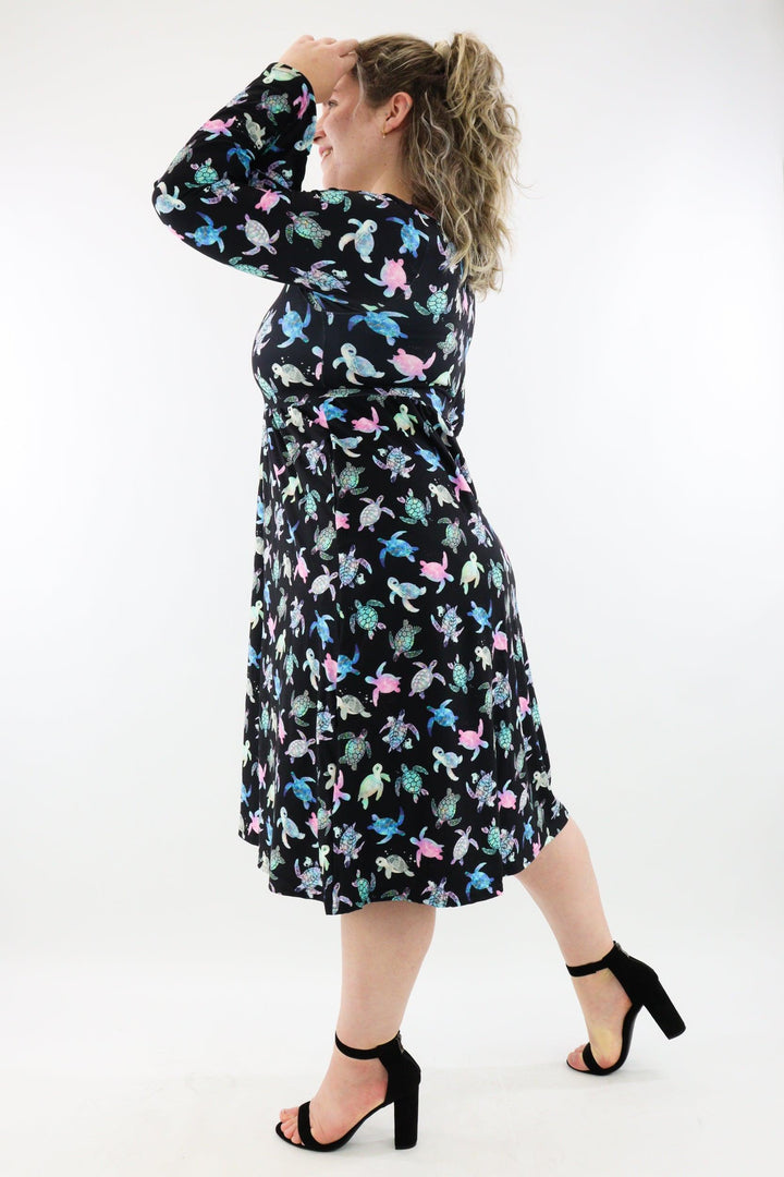 Majestic Turtles - Midi Length Dress - Bell Sleeve - Pockets