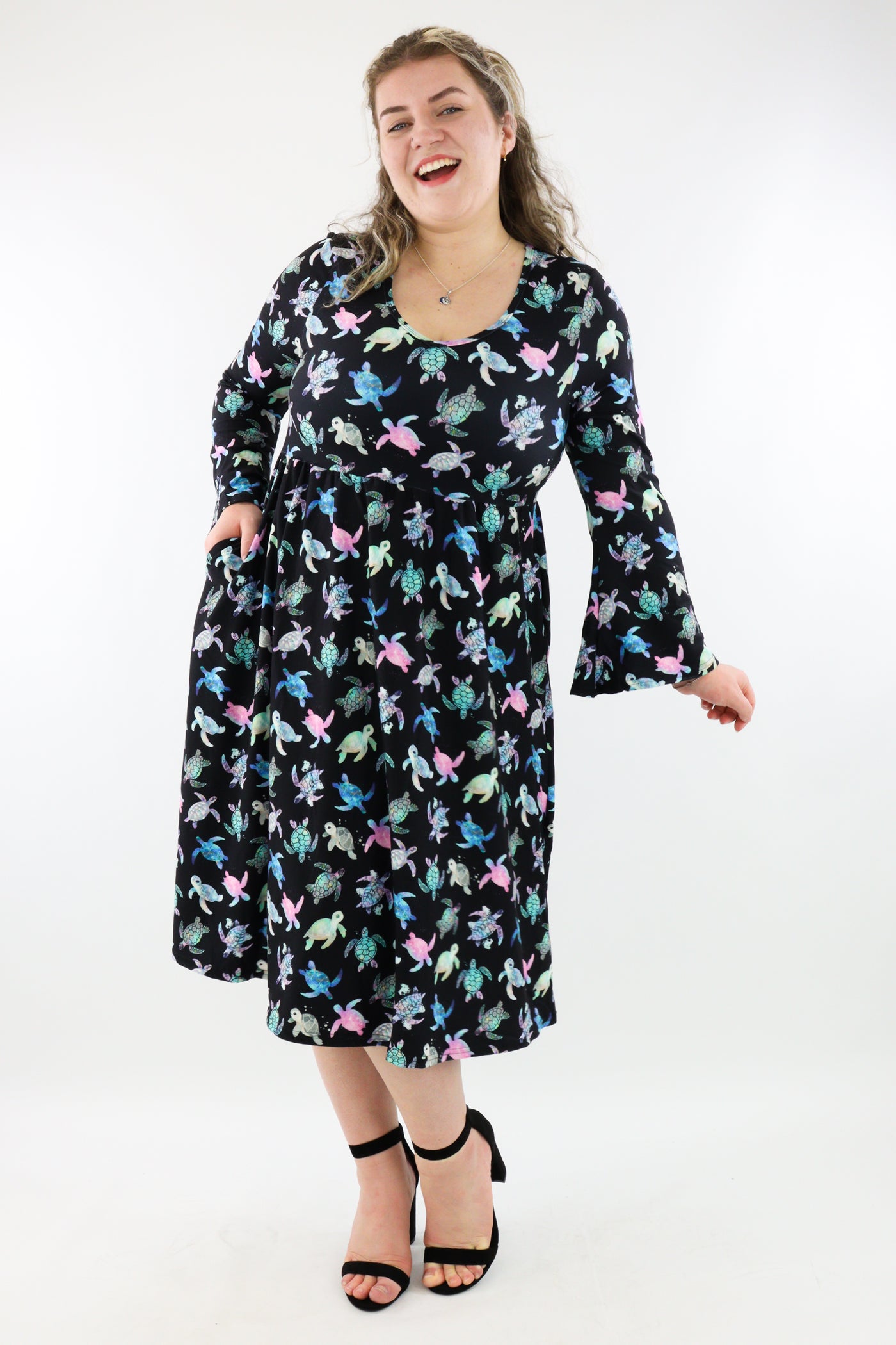 Majestic Turtles - Midi Length Dress - Bell Sleeve - Pockets