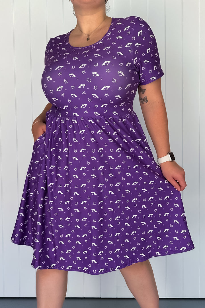 Purple Saturn - Knee Length Dress - Short Sleeve - Pockets