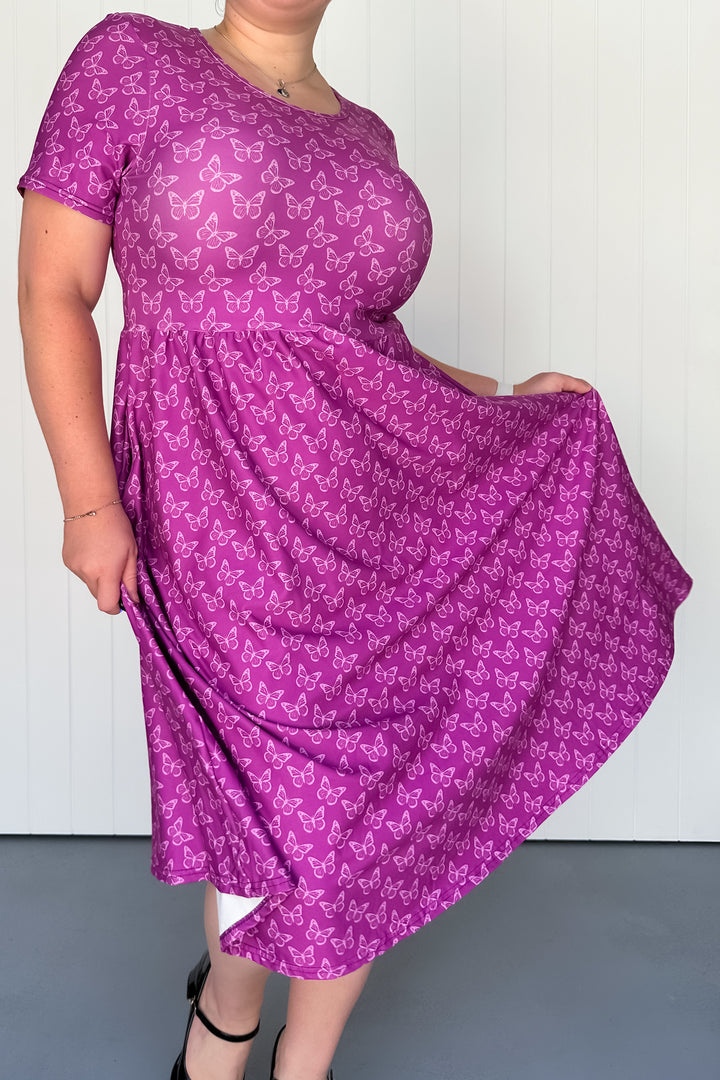 Rich Purple Butterflies - Midi Dress - Short Sleeve - Pockets