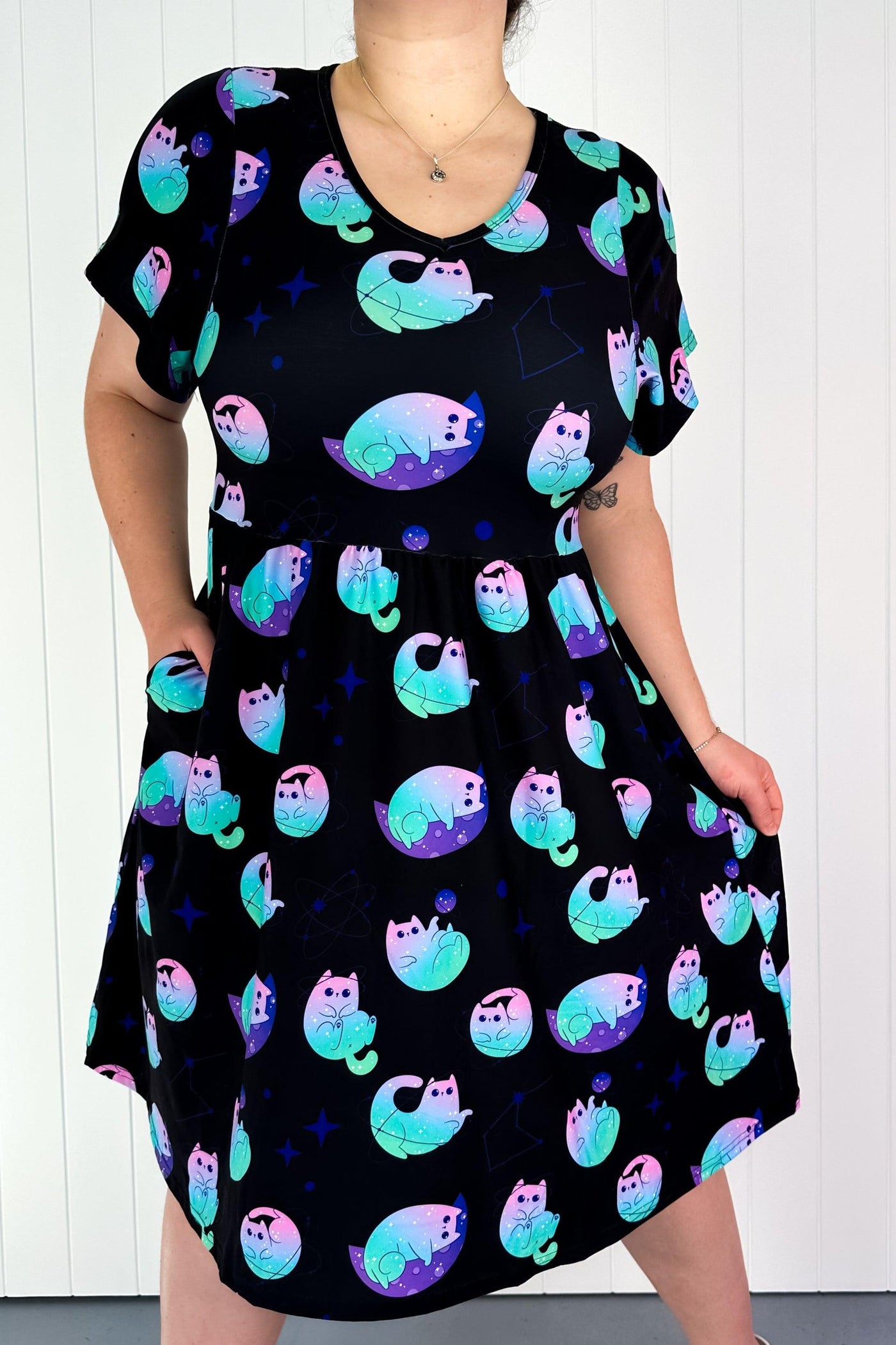 Celestial Cat - Flutter Sleeve Skater Dress - Knee Length - Pockets