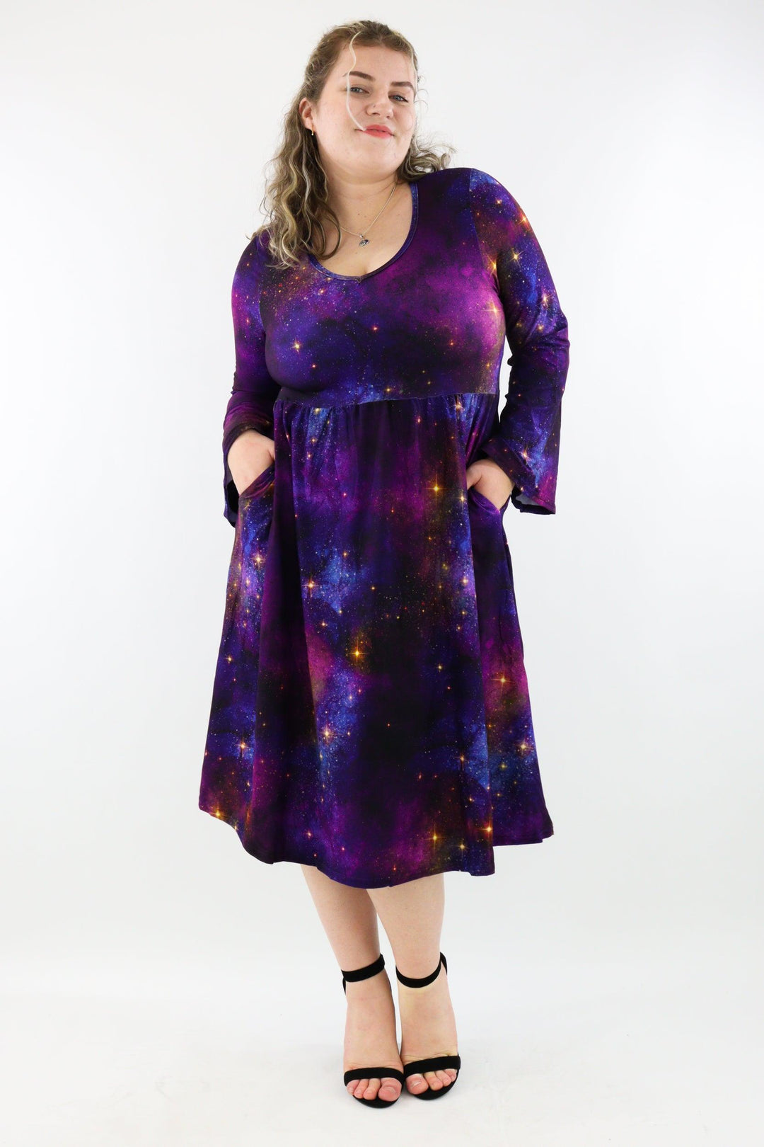 Galaxy Dust - Midi Length Dress - Bell Sleeve - Pockets