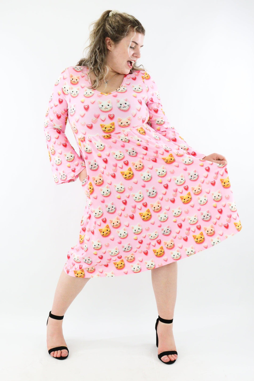 Cat Patch - Midi Length Dress - Bell Sleeve - Pockets