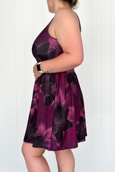 Burgundy Flower - Sleeveless Mini Dress - Pockets