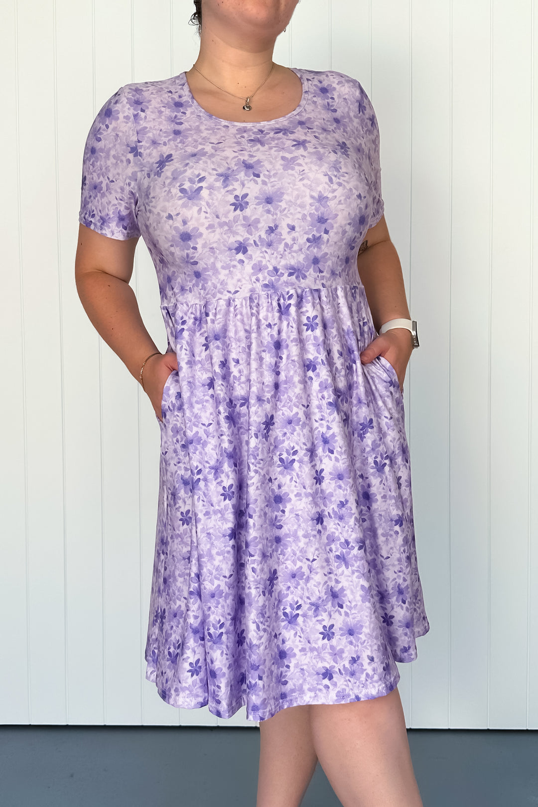 Purple Meadow Mist - Knee Length Dress - Short Sleeve - Pockets