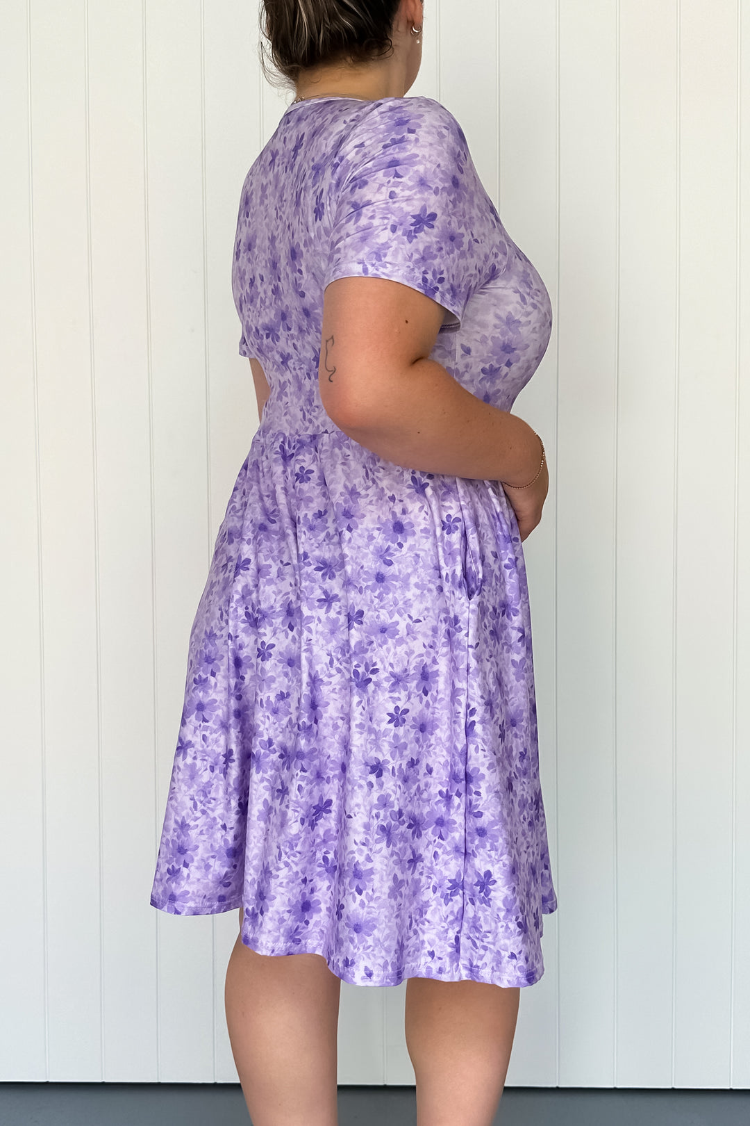 Purple Meadow Mist - Knee Length Dress - Short Sleeve - Pockets