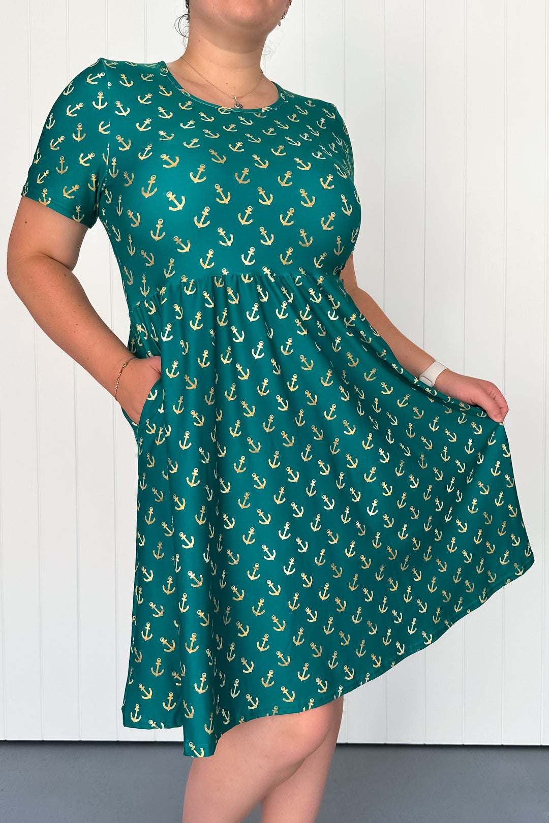 Teal & Gold Anchor Charm - Knee Length Dress - Short Sleeve - Pockets