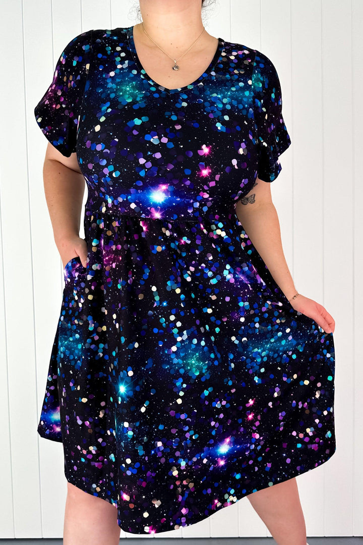 Sparkle Universe - Flutter Sleeve Skater Dress - Knee Length - Pockets