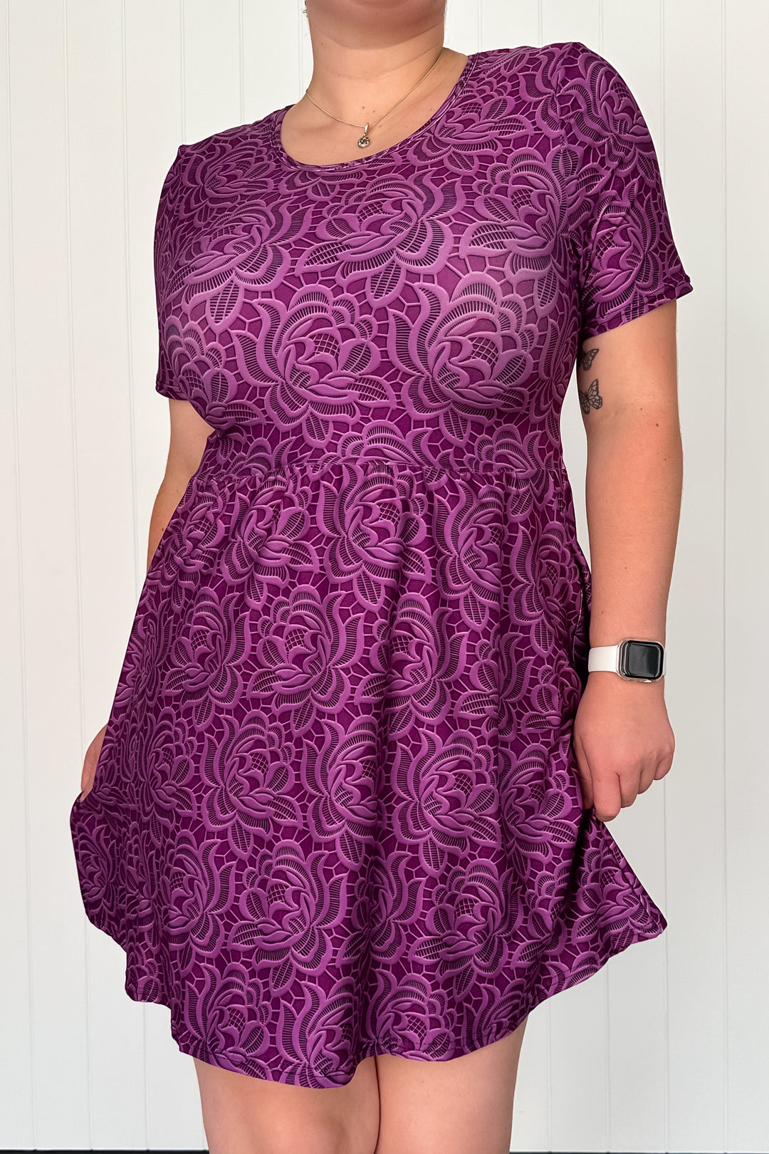 Lacy Plum - Mini Dress - Short Sleeve - Pockets