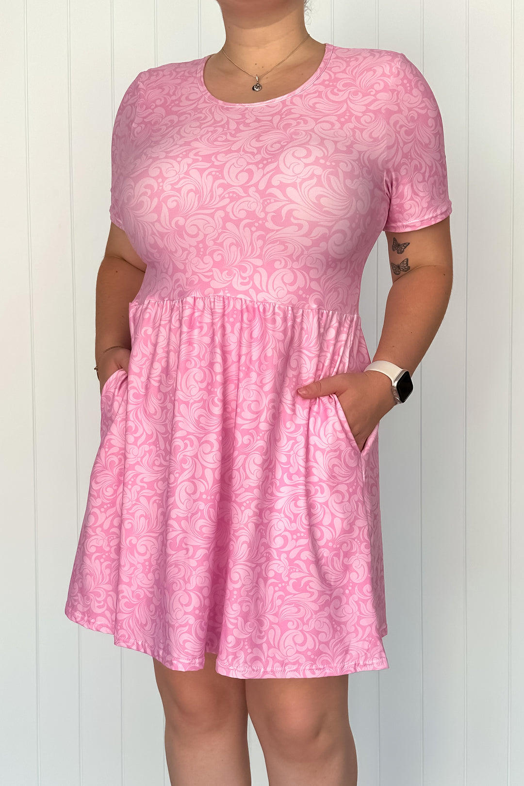 Pink Damask - Mini Dress - Short Sleeve - Pockets