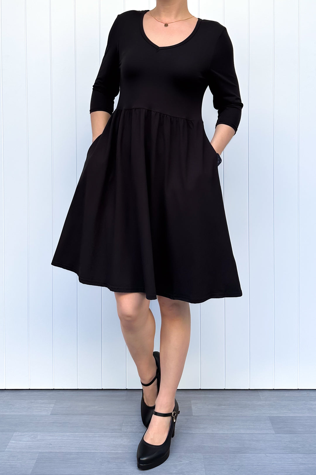 Black - 3/4 Sleeve Skater Dress - Knee Length - Pockets