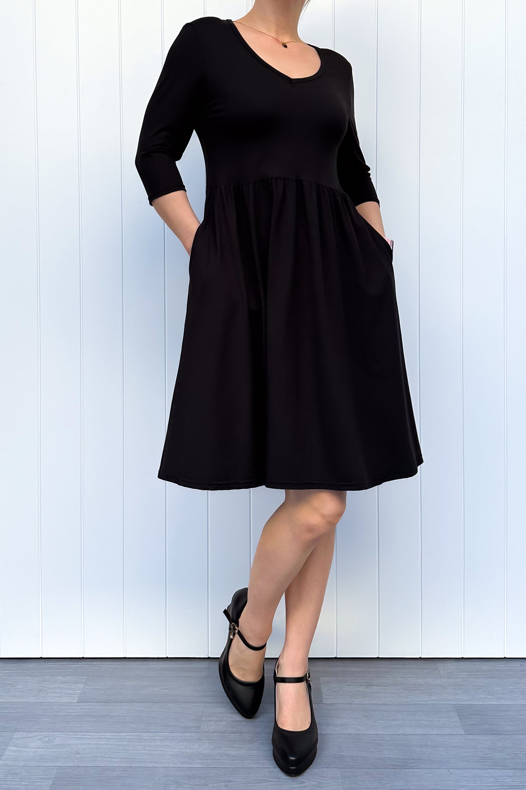 Black - 3/4 Sleeve Skater Dress - Knee Length - Pockets