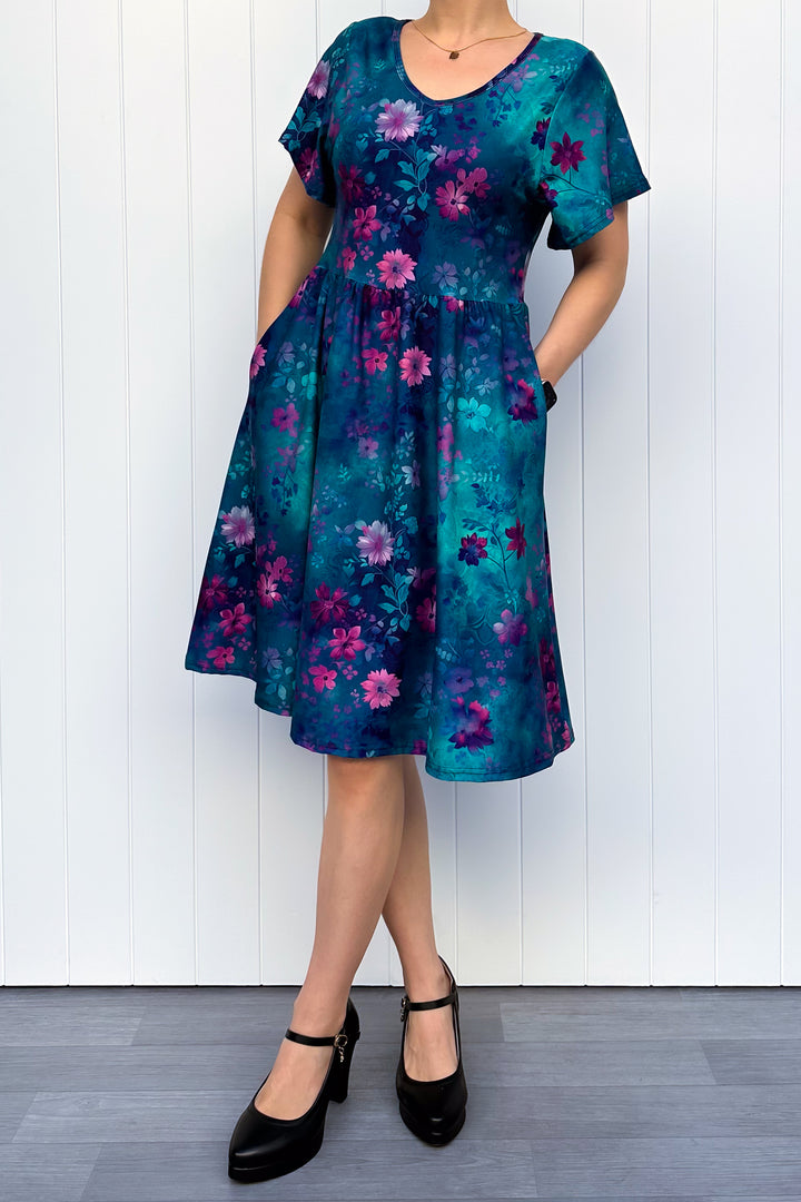 Ethereal Bloom - Knee Length Dress - Flutter Sleeve - Pockets