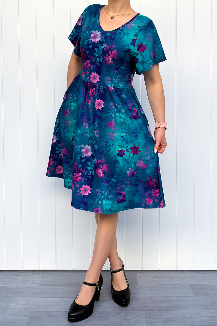 Ethereal Bloom - Knee Length Dress - Flutter Sleeve - Pockets