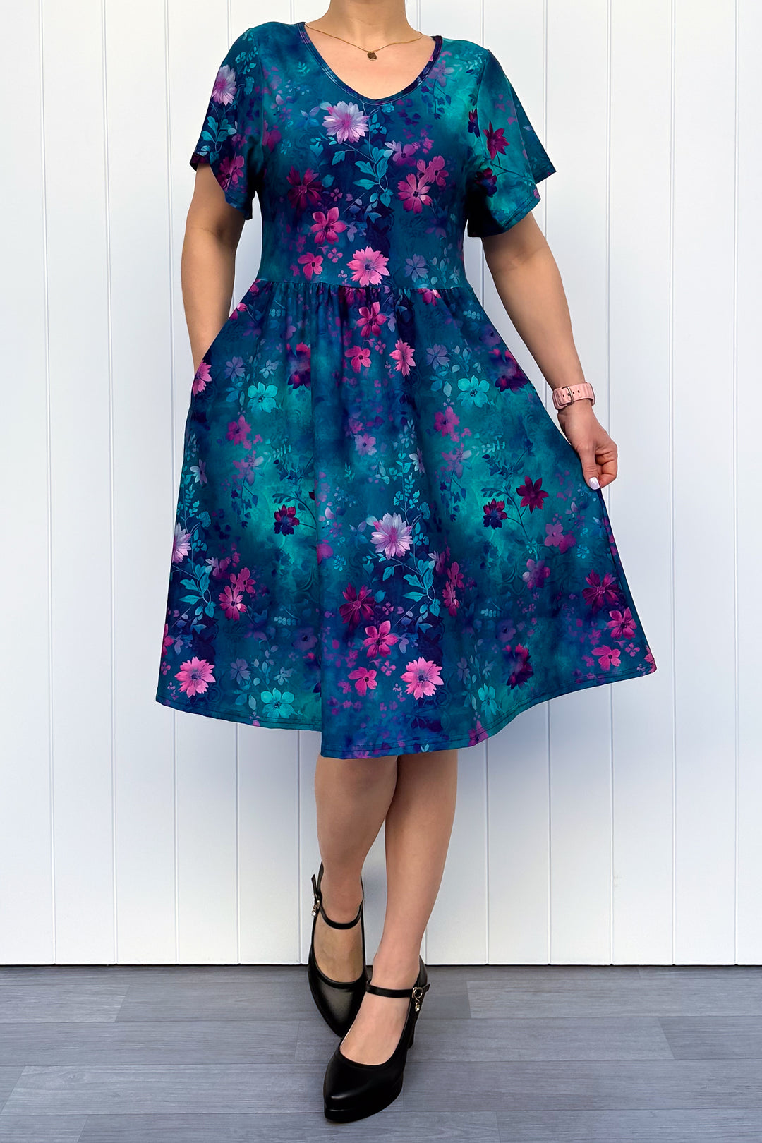 Ethereal Bloom - Knee Length Dress - Flutter Sleeve - Pockets