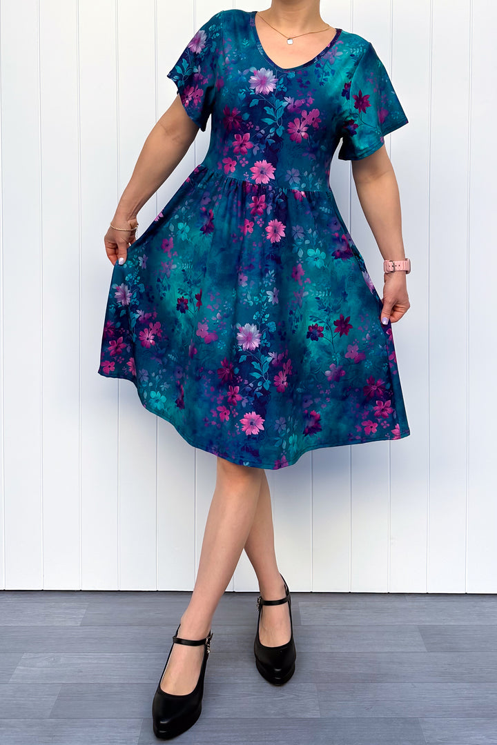 Ethereal Bloom - Knee Length Dress - Flutter Sleeve - Pockets