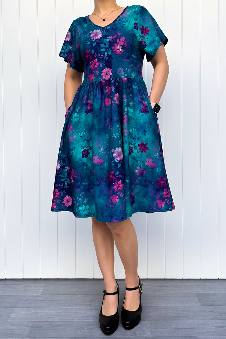 Ethereal Bloom - Knee Length Dress - Flutter Sleeve - Pockets