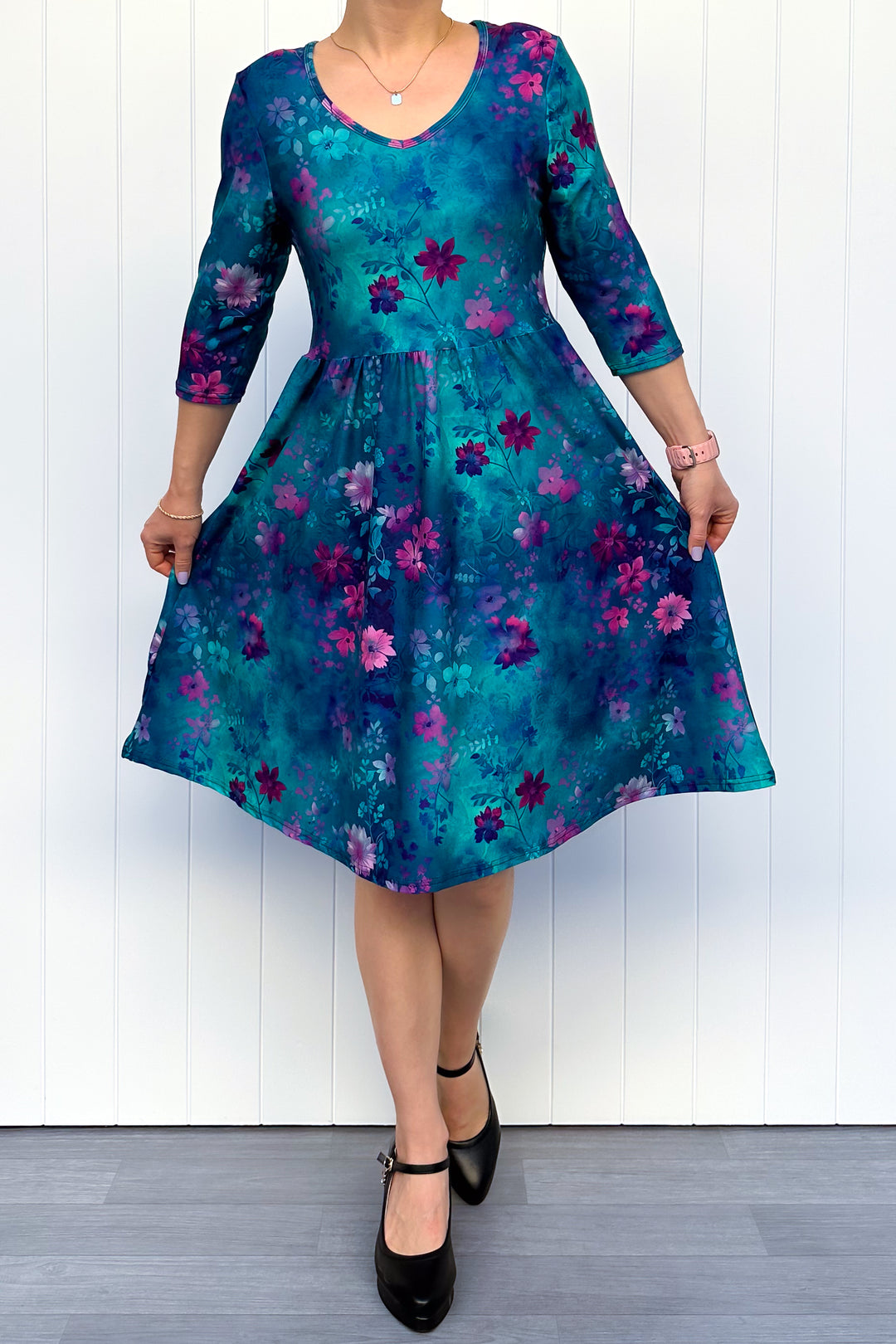 Ethereal Bloom - Knee Length Dress - 3/4 Sleeve - Pockets