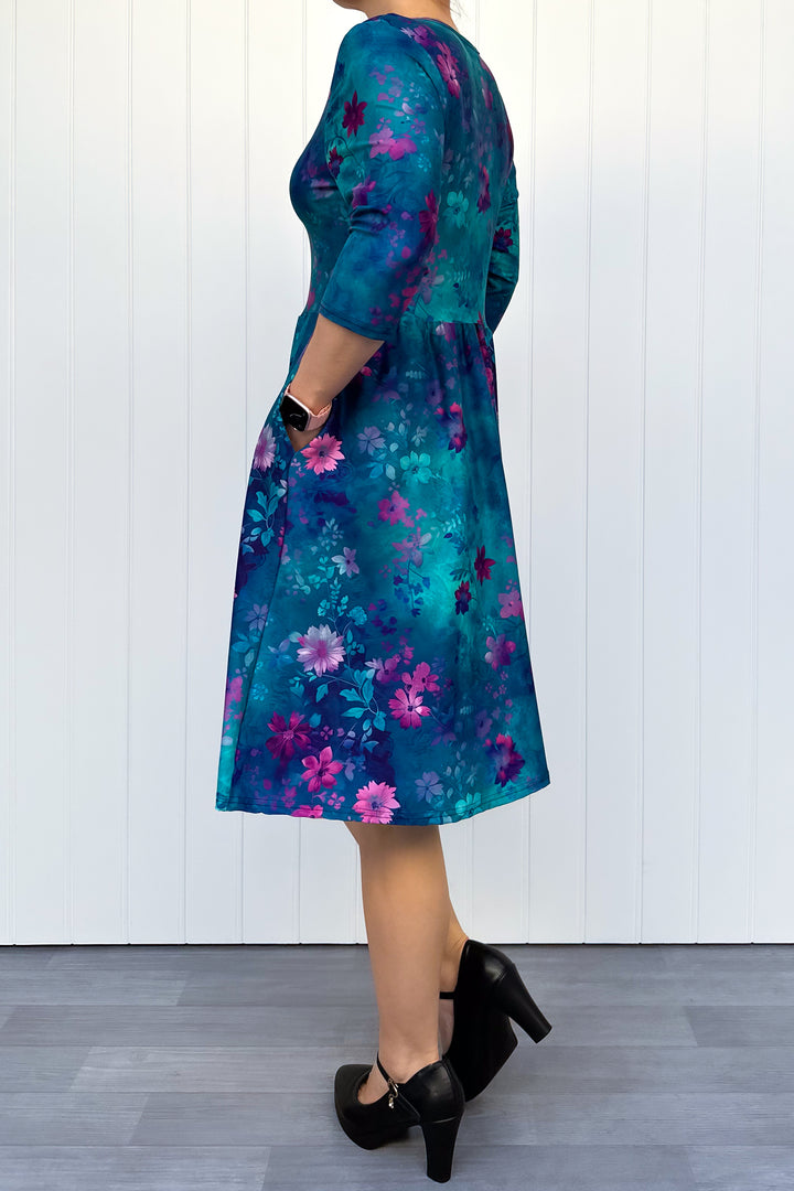 Ethereal Bloom - Knee Length Dress - 3/4 Sleeve - Pockets