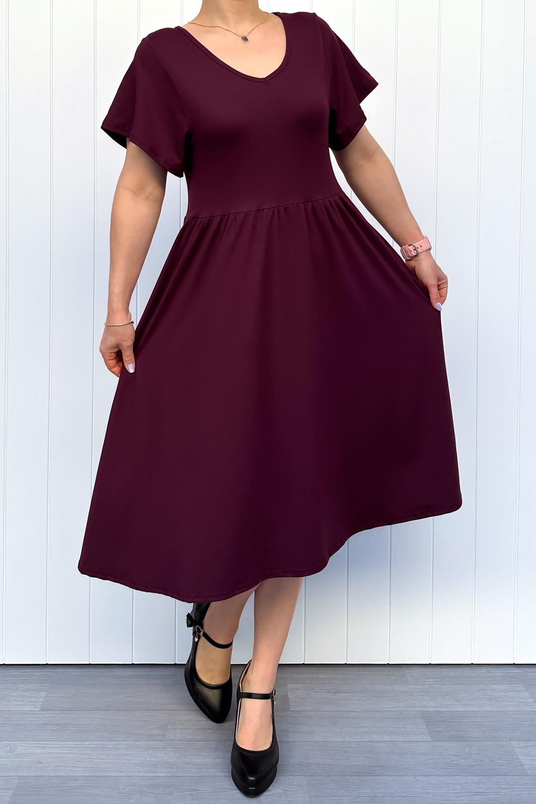 Plum - Midi Dress - Flutter Sleeve - Pockets