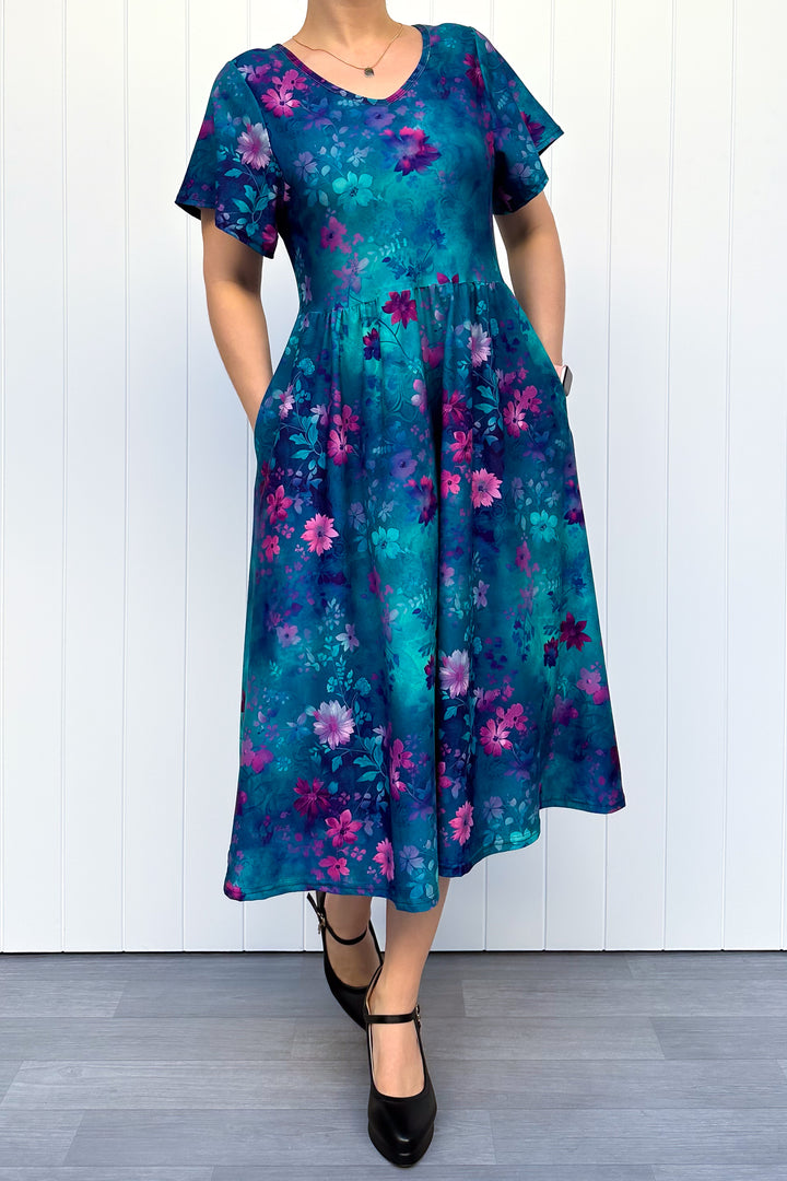 Ethereal Bloom - Midi Dress - Flutter Sleeve - Pockets