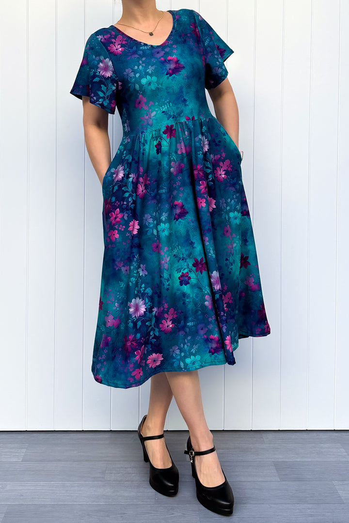 Ethereal Bloom - Midi Dress - Flutter Sleeve - Pockets