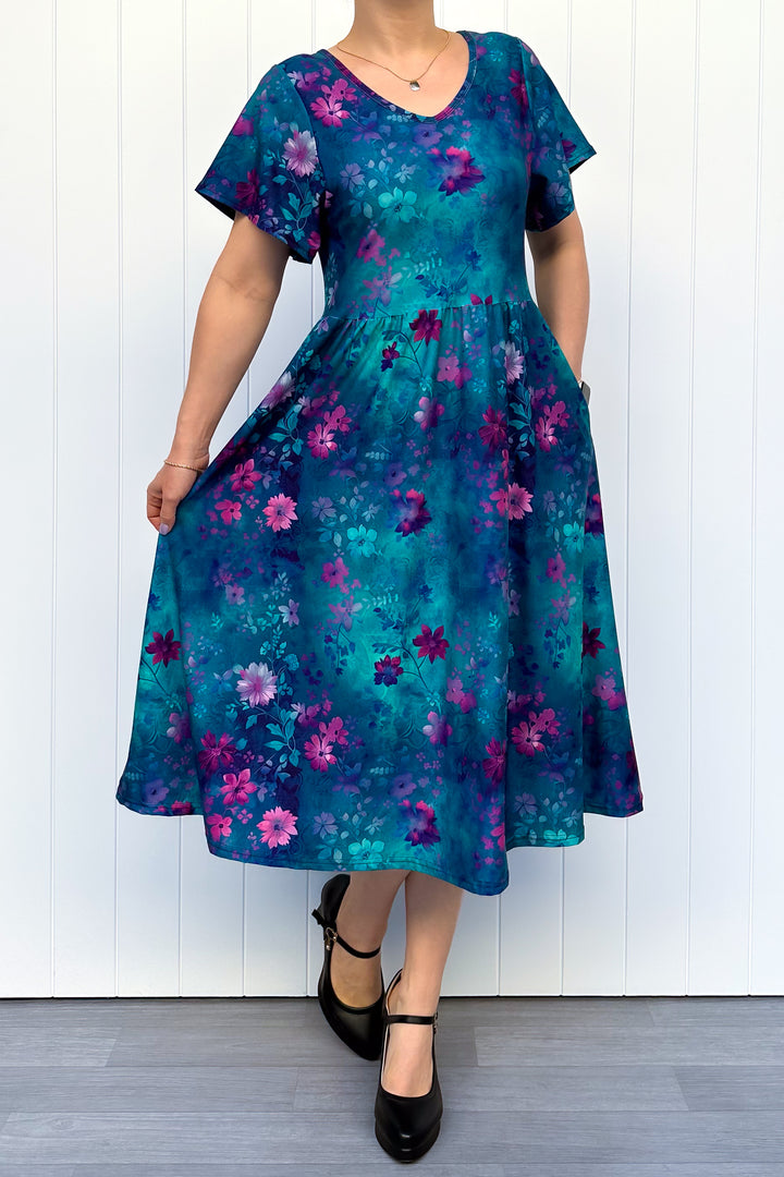 Ethereal Bloom - Midi Dress - Flutter Sleeve - Pockets
