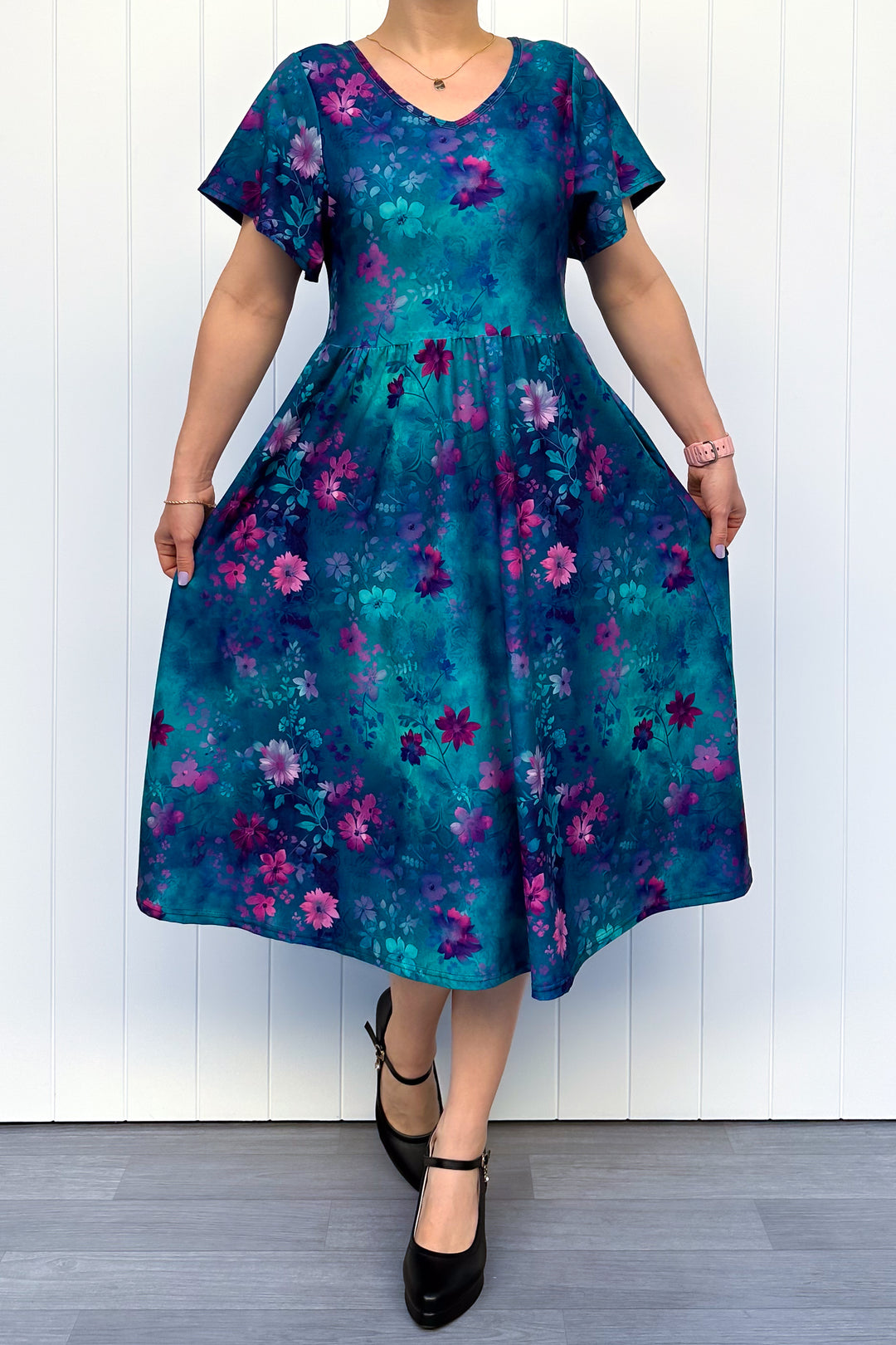 Ethereal Bloom - Midi Dress - Flutter Sleeve - Pockets