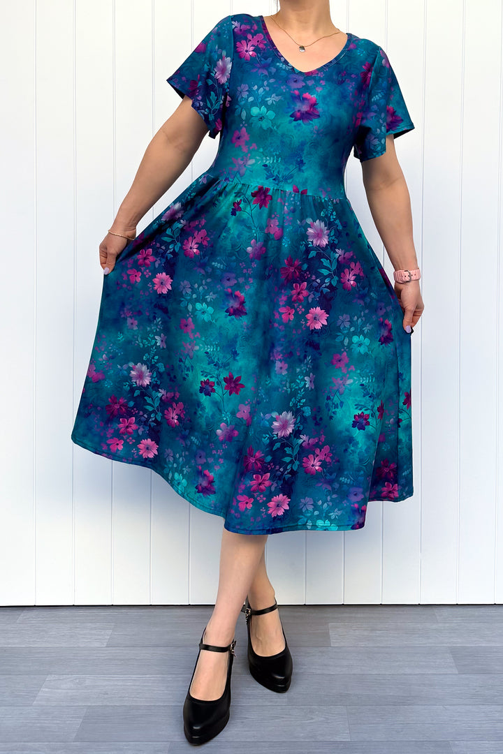 Ethereal Bloom - Midi Dress - Flutter Sleeve - Pockets