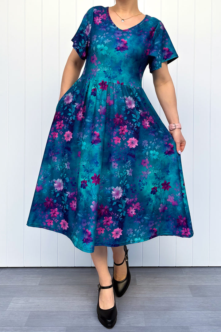 Ethereal Bloom - Midi Dress - Flutter Sleeve - Pockets