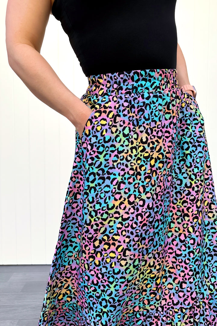 Zinnia Midi Skirt - Vivid Leopard - Pockets