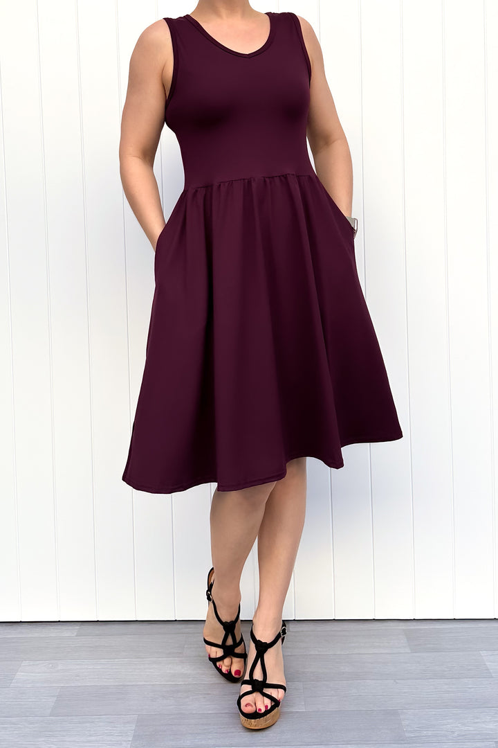 Plum - Sleeveless Knee Length Dress - Side Pockets