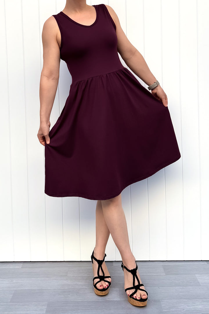 Plum - Sleeveless Knee Length Dress - Side Pockets