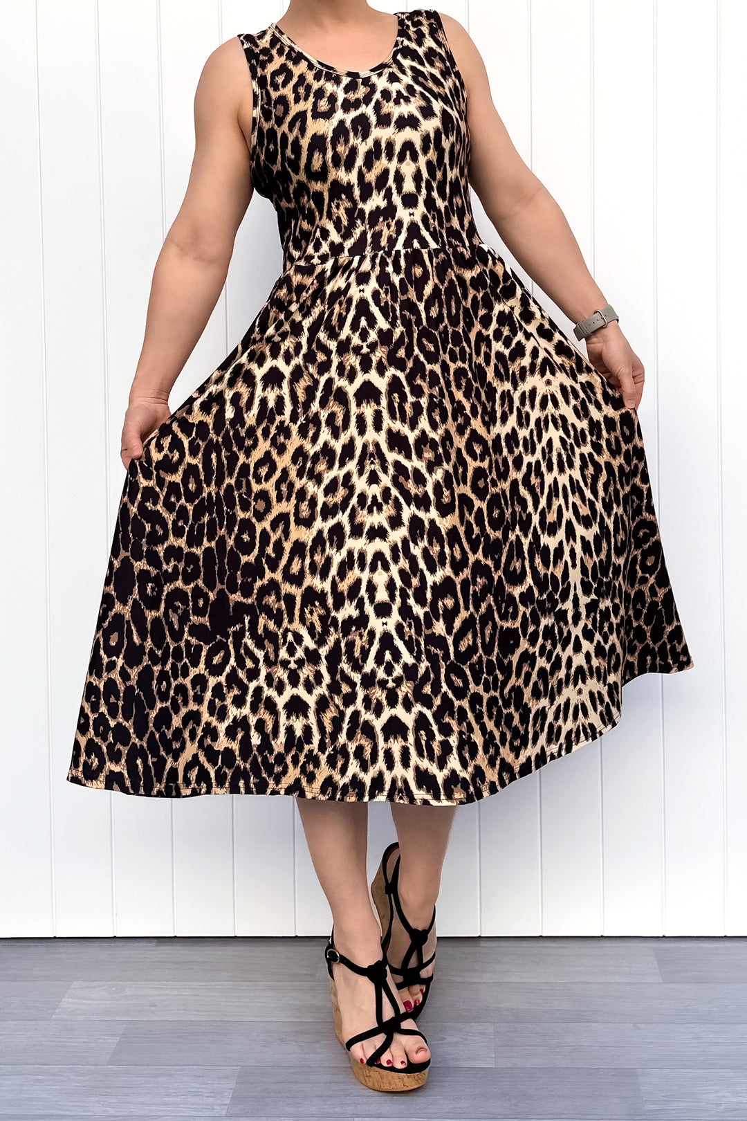 Wild Leopard - Sleeveless Midi Dress - Pockets